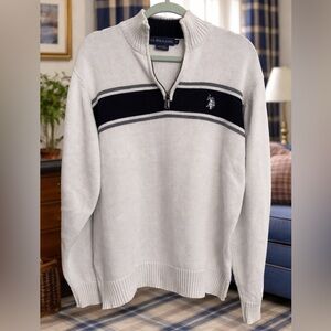 U.S. Polo Assn Quarter Zip Sweater Cream Navy Stripe Pullover Men's Size L